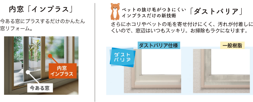 内窓「インプラス」　ペットの抜け毛がつきにくいインプラスだけの新技術「ダストバリア」