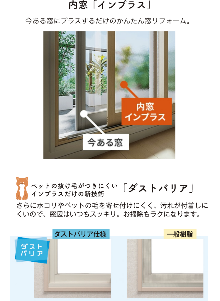 内窓「インプラス」　ペットの抜け毛がつきにくいインプラスだけの新技術「ダストバリア」